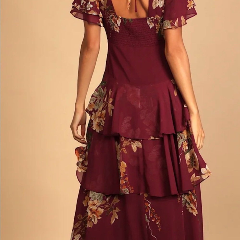 Lulu's Midnight Mood Burgundy Floral Tiered Maxi Dress - Size L Romantic Formal - Picture 3 of 8